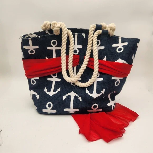 NWT Mud‎ Pie Tote Bag Anchor Print Rope Handles Beach Bag Purse Nautical Tote - Picture 2 of 8
